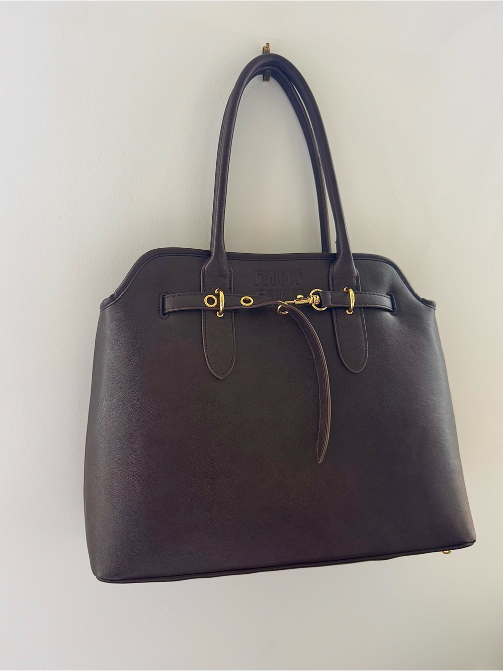 Classic Dark Brown Leather Tote with Gold Hardware
